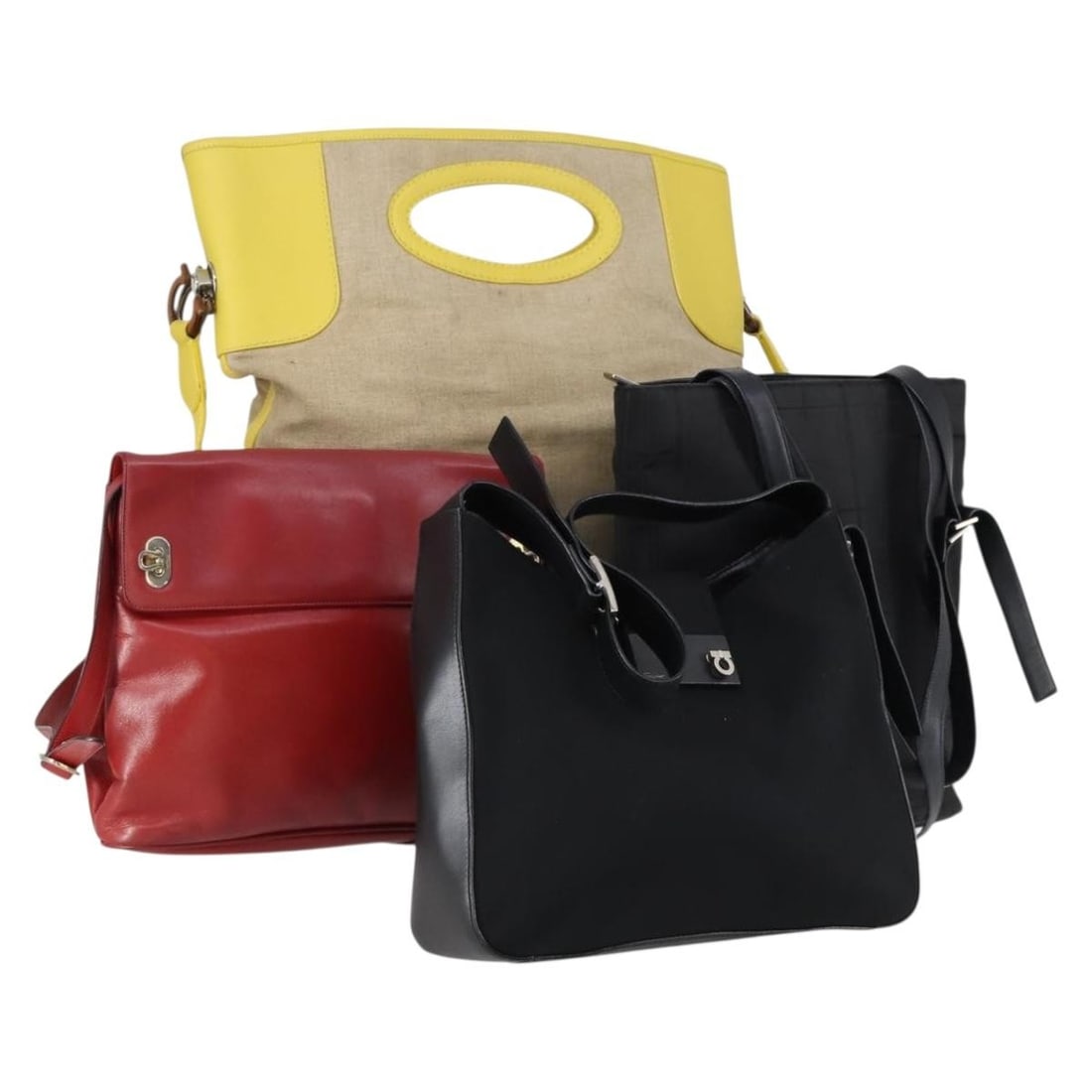 Salvatore Ferragamo Shoulder Bag Set Leather Canvas Nylon Black Red Yellow Auth (1 of 18)
