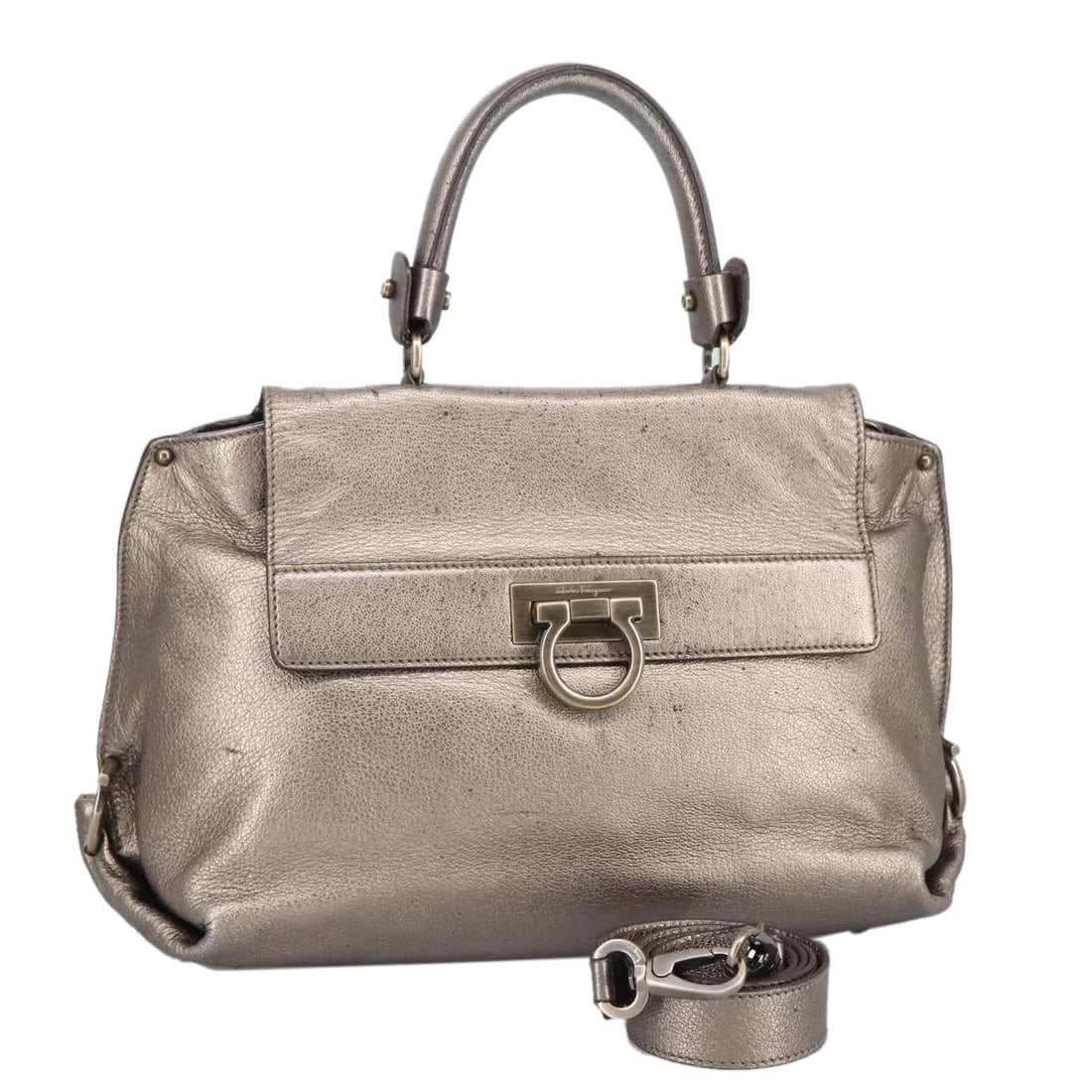 Salvatore Ferragamo Gancini Silver Leather Hand Bag 2way with Shoulder Strap (1 of 18)