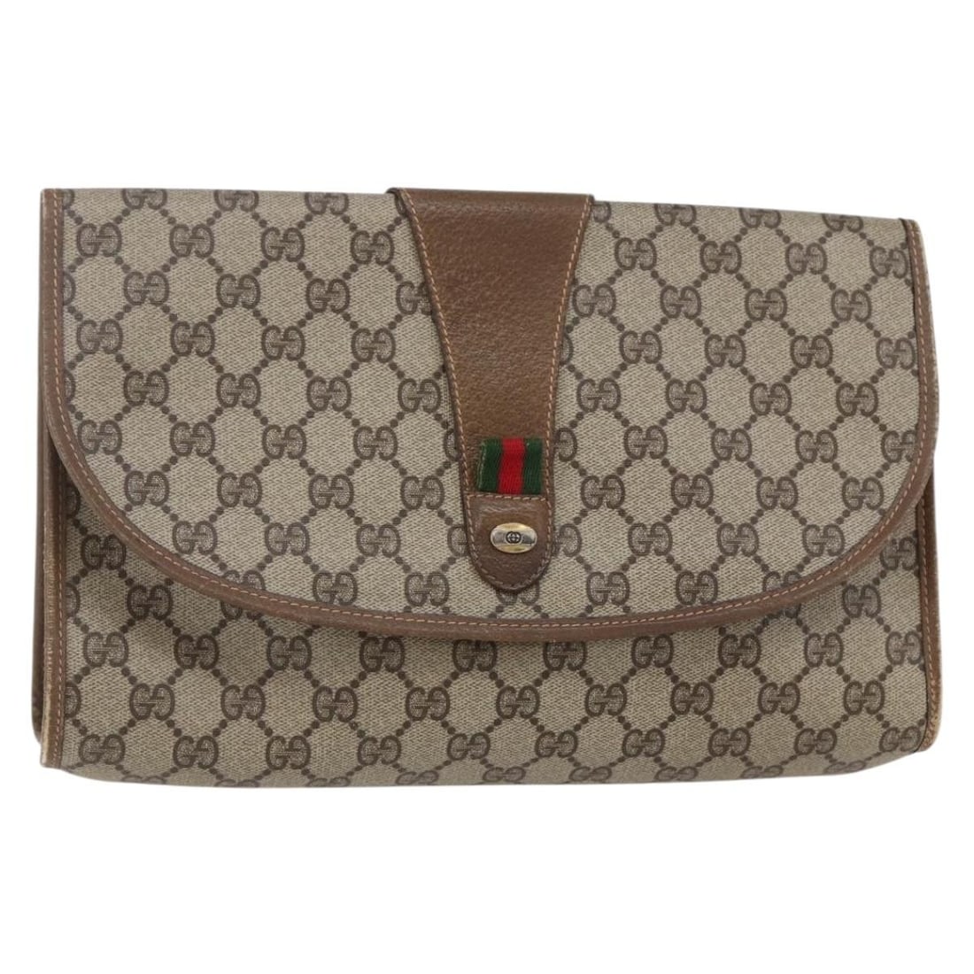 GUCCI GG Supreme Web Sherry Clutch Bag PVC Leather Beige Red Italy: GUCCI GG Supreme Web Sherry Clutch Bag PVC Leather Beige Red Italy This GUCCI GG Supreme Web Sherry Line Clutch Bag is a stylish accessory made from durable PVC leather, featuring a sophisticated beig