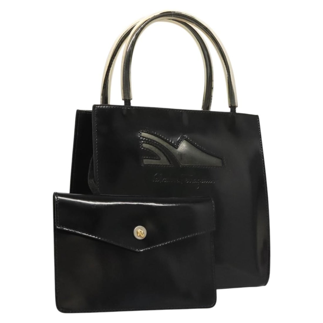 Salvatore Ferragamo Black Enamel Hand Bag Auth Italy 119146 (1 of 18)