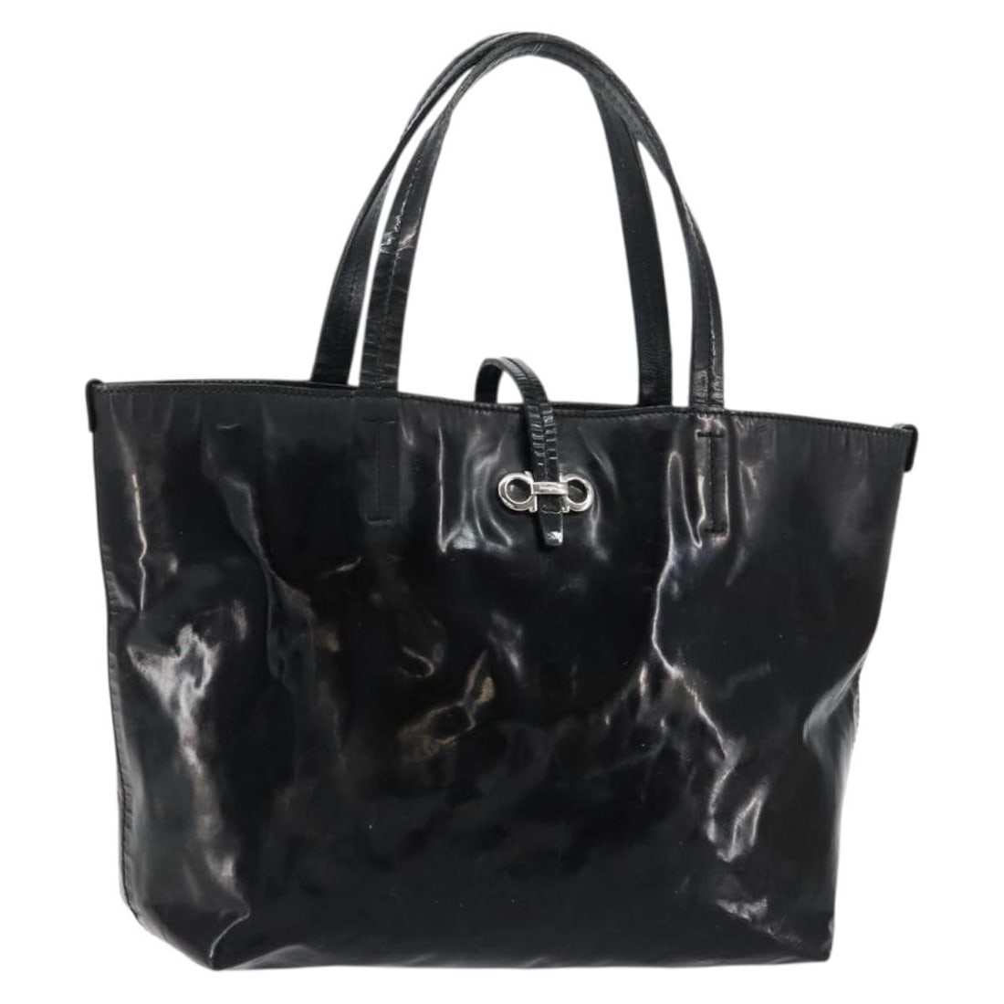 Salvatore Ferragamo Gancini Tote Bag Black Silver Enamel Auth FJ-21 C847: Salvatore Ferragamo Gancini Tote Bag Black Silver Enamel Auth FJ-21 C847 This Salvatore Ferragamo Gancini Tote Bag showcases a striking combination of black and silver enamel, representing luxury and