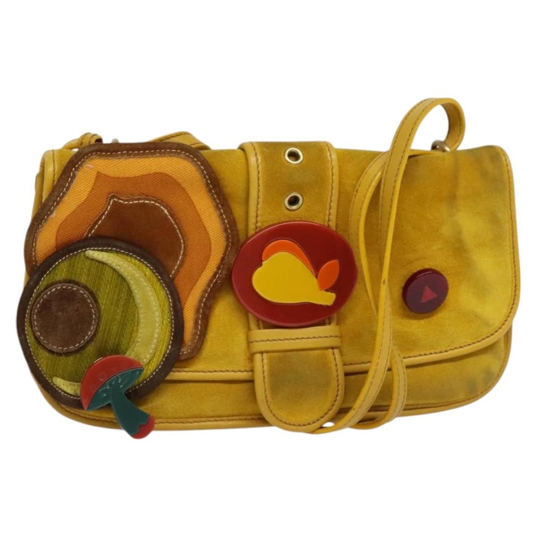 Miu Miu Yellow Suede Leather Shoulder Bag Made in Italy: Miu Miu Yellow Suede Leather Shoulder Bag Made in Italy This Miu Miu shoulder bag is a stylish accessory crafted from high-quality suede leather in an eye-catching yellow hue. Made in Italy, it featur