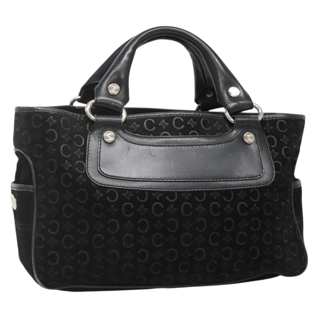 CELINE C Macadam Suede Hand Bag Black Silver Made in Italy: CELINE C Macadam Suede Hand Bag Black Silver Made in Italy This authentic CELINE C Macadam Canvas Hand Bag is crafted from luxurious suede in a striking black and silver color combination. With dimens