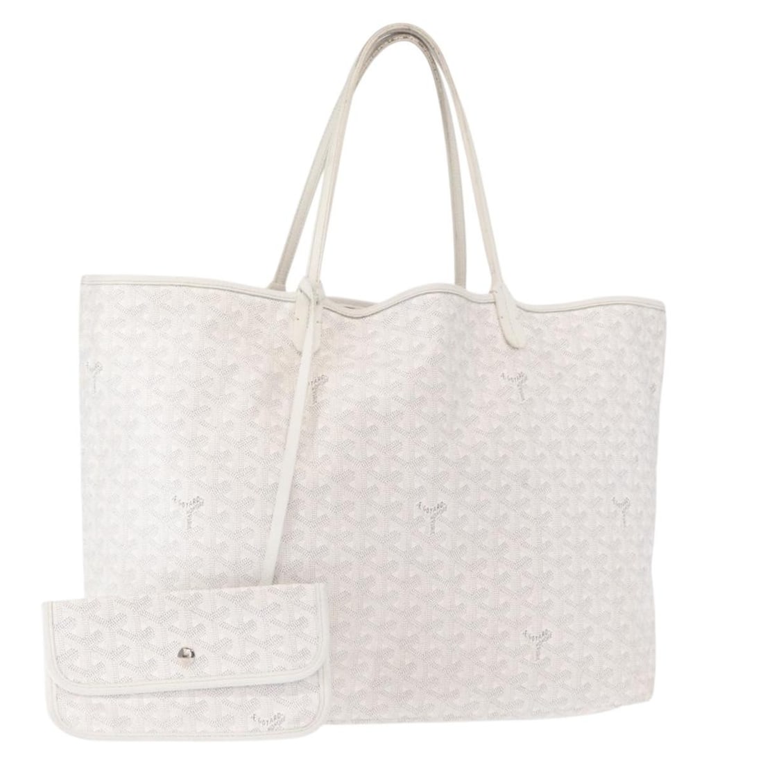 White Saint Louis PM Tote by Goyard with Herringbone Pattern and Pouch: White Saint Louis PM Tote by Goyard with Herringbone Pattern and Pouch This Goyard Saint Louis PM tote bag features the iconic herringbone pattern in durable white PVC leather. Crafted in France, the