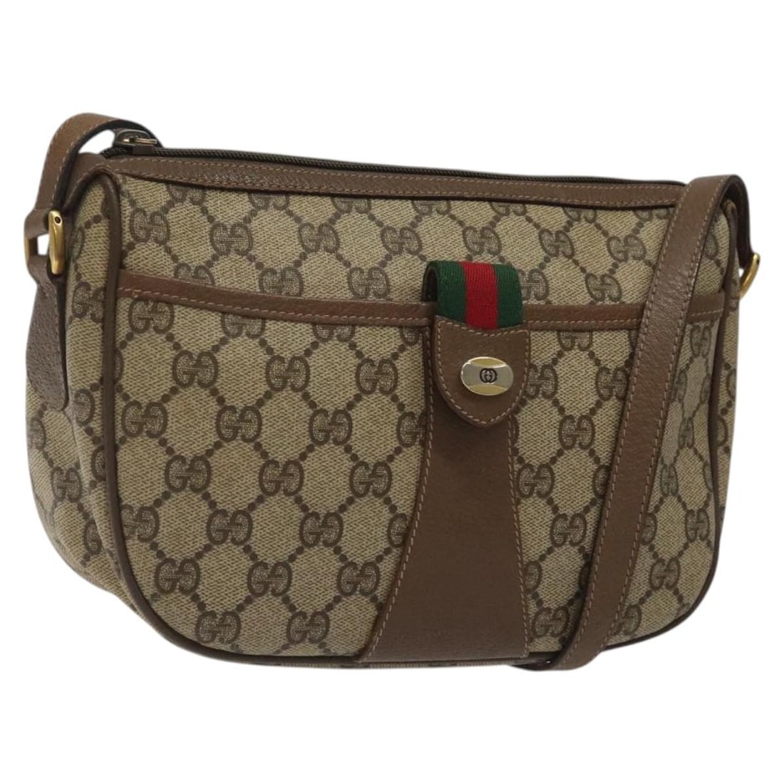 GUCCI GG Supreme Web Sherry Line Shoulder Bag Beige Gold PVC Auth 89 02 032: GUCCI GG Supreme Web Sherry Line Shoulder Bag Beige Gold PVC Auth 89 02 032 This authentic GUCCI GG Supreme Web Sherry Line Shoulder Bag is crafted from durable PVC leather in a chic beige and gold co