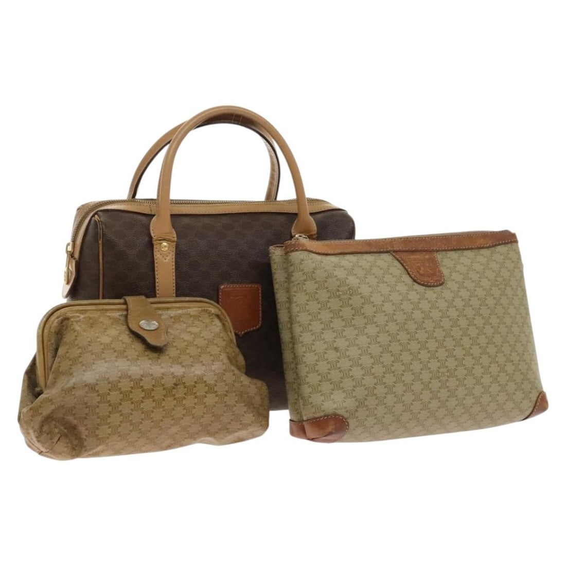 CELINE Macadam Canvas Hand Bag Set Beige Brown Gold PVC Auth: CELINE Macadam Canvas Hand Bag Set Beige Brown Gold PVC Auth Introducing the CELINE Macadam Canvas Hand Bag, crafted from durable PVC leather in a chic combination of beige, brown, and gold. This styl
