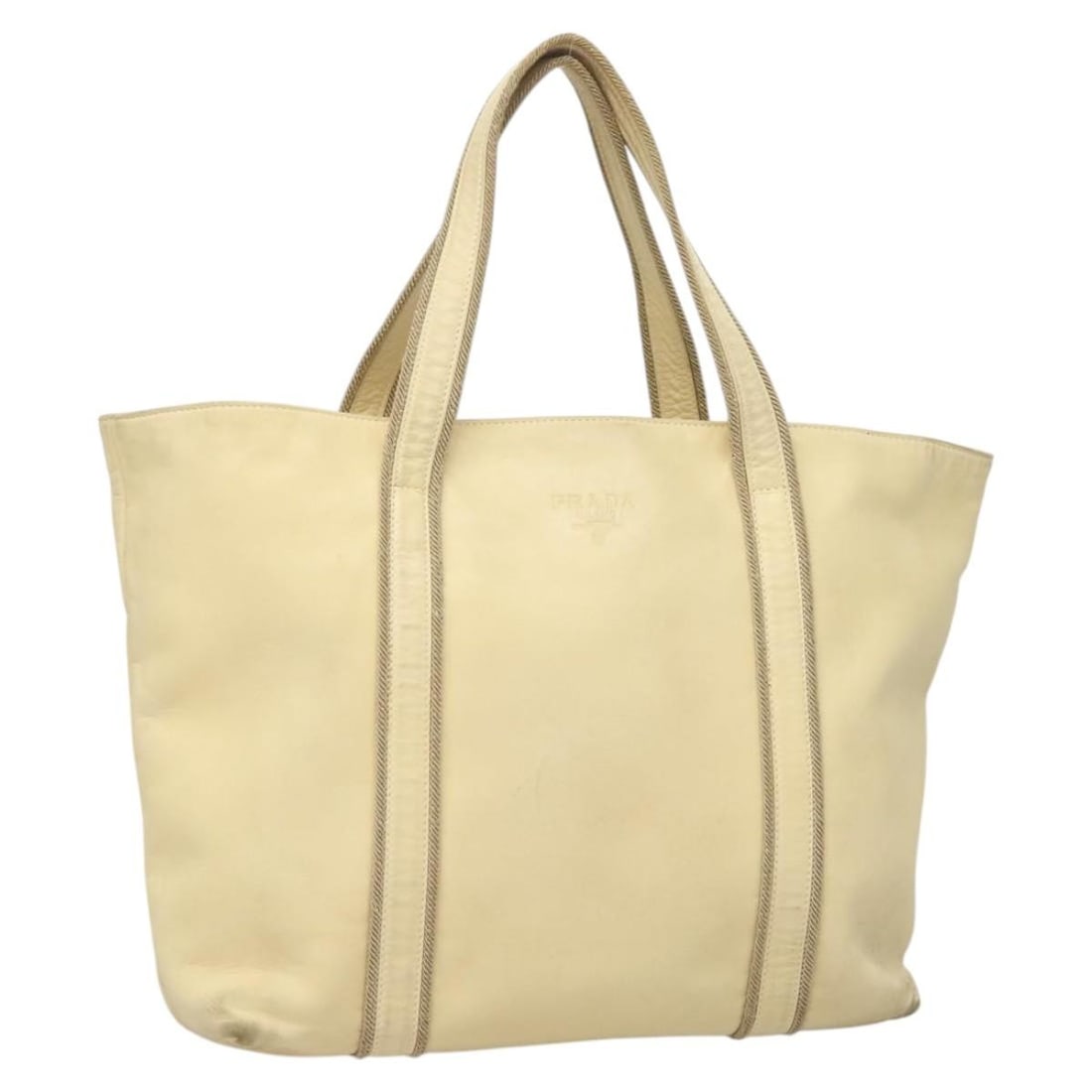 PRADA Cream Silver Leather Hand Bag Italy with Accessories: PRADA Cream Silver Leather Hand Bag Italy with Accessories This authentic PRADA Hand Bag showcases a sophisticated cream and silver leather exterior, expertly crafted in Italy. With dimensions of appr