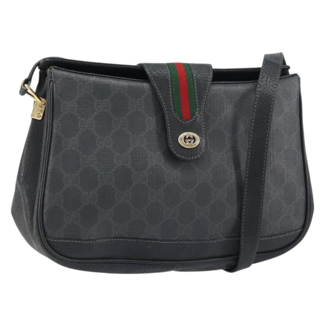 Gucci GG Supreme Sherry Web Line Black PVC Shoulder Bag 116 02 076: Gucci GG Supreme Sherry Web Line Black PVC Shoulder Bag 116 02 076 This GUCCI GG Supreme Web Sherry Line shoulder bag features black and gold PVC leather with GG canvas accents. The bag is designed wi