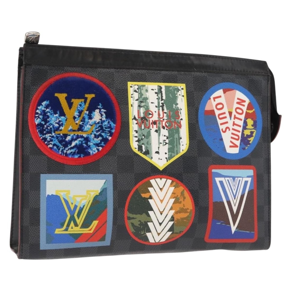 LOUIS VUITTON Damier Graphite Pochette Voyage MM Clutch Bag N60134 Authentic France: LOUIS VUITTON Damier Graphite Pochette Voyage MM Clutch Bag N60134 Authentic France This LOUIS VUITTON Damier Graphite Pochette Voyage MM Clutch Bag showcases the iconic Damier Graphite Canvas, making