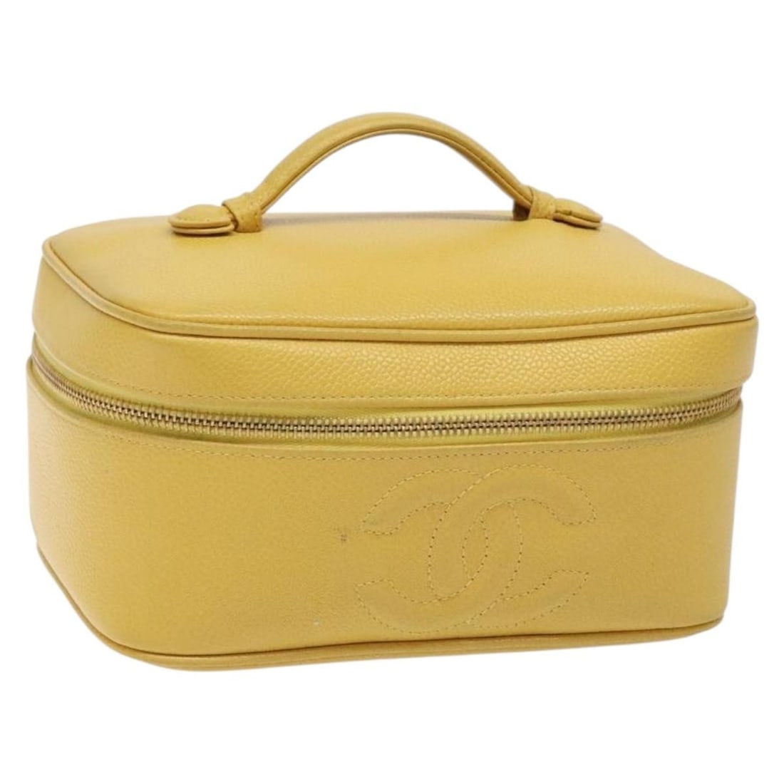 CHANEL Coco Mark Vanity Pouch Grained Calfskin Yellow Gold Auth FM4842 (1 of 18)