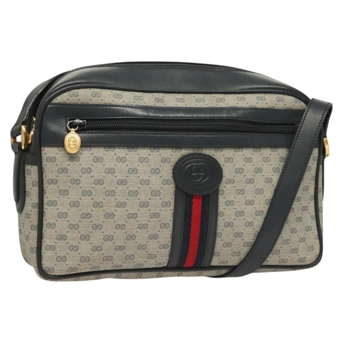 GUCCI Micro GG Supreme Clutch Bag Navy Gold PVC Auth 125818: GUCCI Micro GG Supreme Clutch Bag Navy Gold PVC Auth 125818 Introducing the GUCCI Micro GG Supreme Sherry Line Clutch Bag, a sophisticated accessory crafted in Italy. This stylish shoulder bag feature