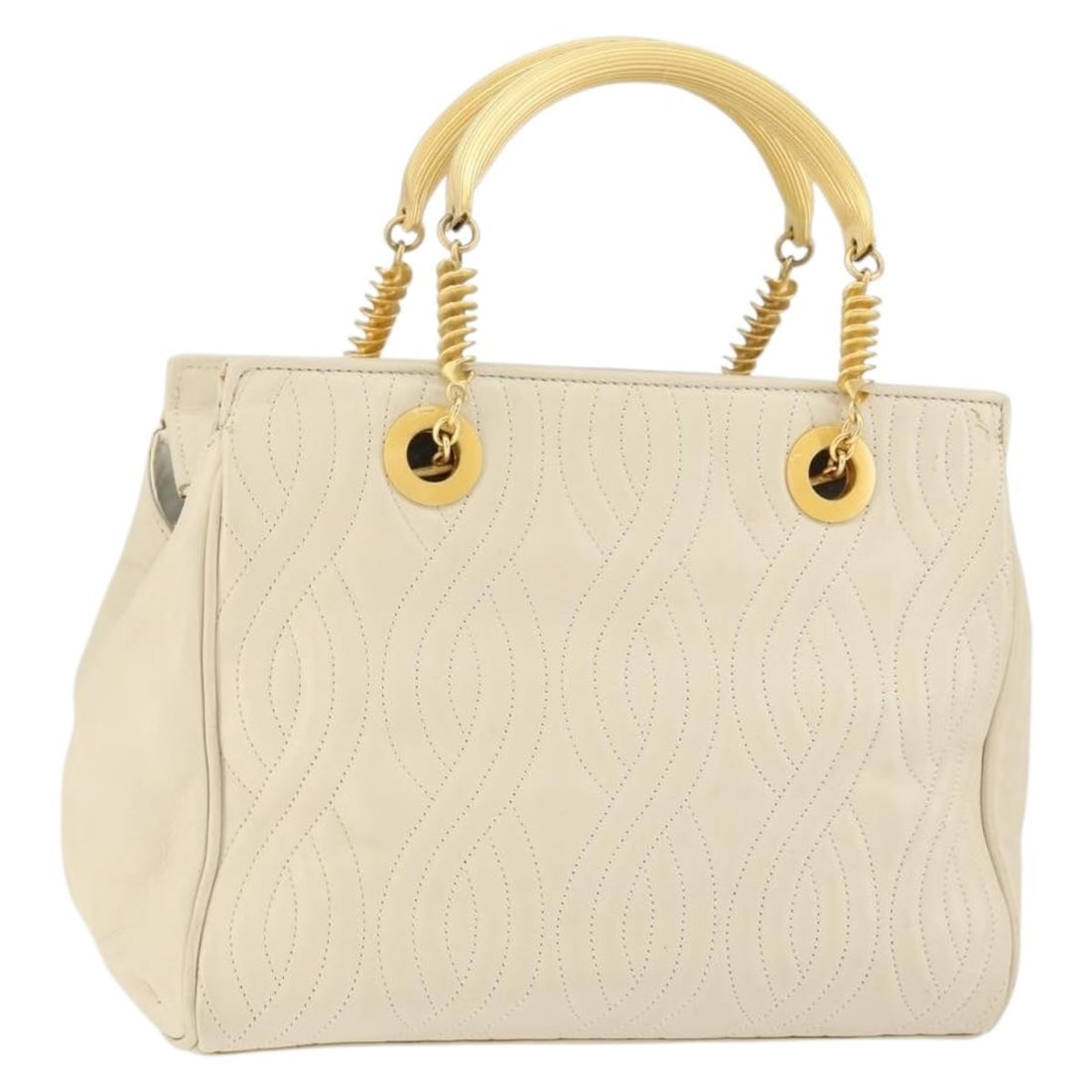 FENDI Wave Stitch Leather Hand Bag Ivory Gold Authentic (1 of 18)
