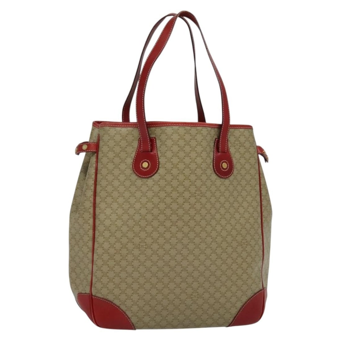 CELINE Macadam Beige Gold PVC Tote Bag Made in Italy: CELINE Macadam Beige Gold PVC Tote Bag Made in Italy This CELINE Macadam Canvas Tote Bag is a stylish accessory crafted from durable PVC leather in an elegant beige and gold color scheme. With a heigh