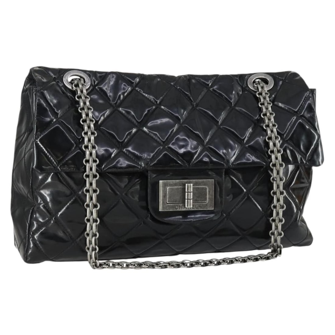 Enamel Black CHANEL 2.55 Matelasse Shoulder Bag with Chain and Silver CC (1 of 18)