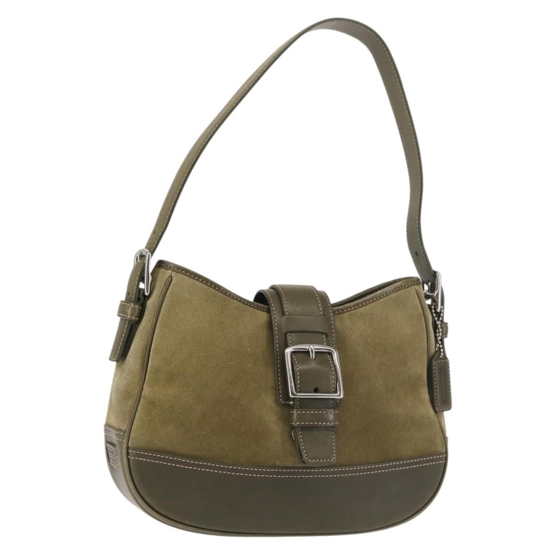 Coach Suede Shoulder Bag Khaki Silver Authentic AM9145: Coach Suede Shoulder Bag Khaki Silver Authentic AM9145 Elevate your accessory collection with this stylish Coach Shoulder Bag, crafted from luxurious suede leather in a chic khaki and silver color sch