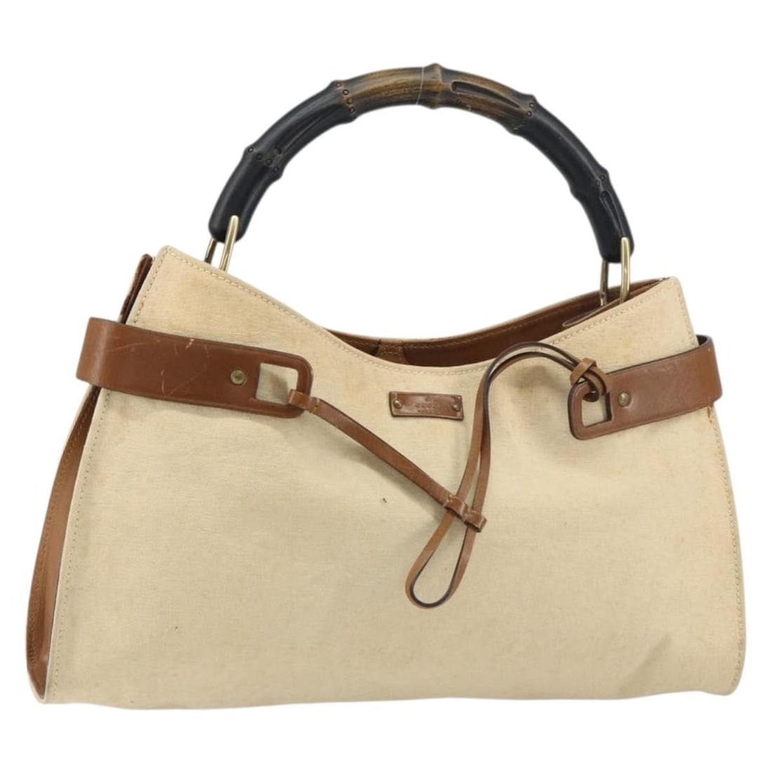 GUCCI Bamboo Hand Bag Beige Canvas Auth 151613 Italy: GUCCI Bamboo Hand Bag Beige Canvas Auth 151613 Italy This GUCCI Bamboo Hand Bag is a stunning piece made in Italy, featuring a stylish beige canvas exterior. With approximate dimensions of 13.4 inches