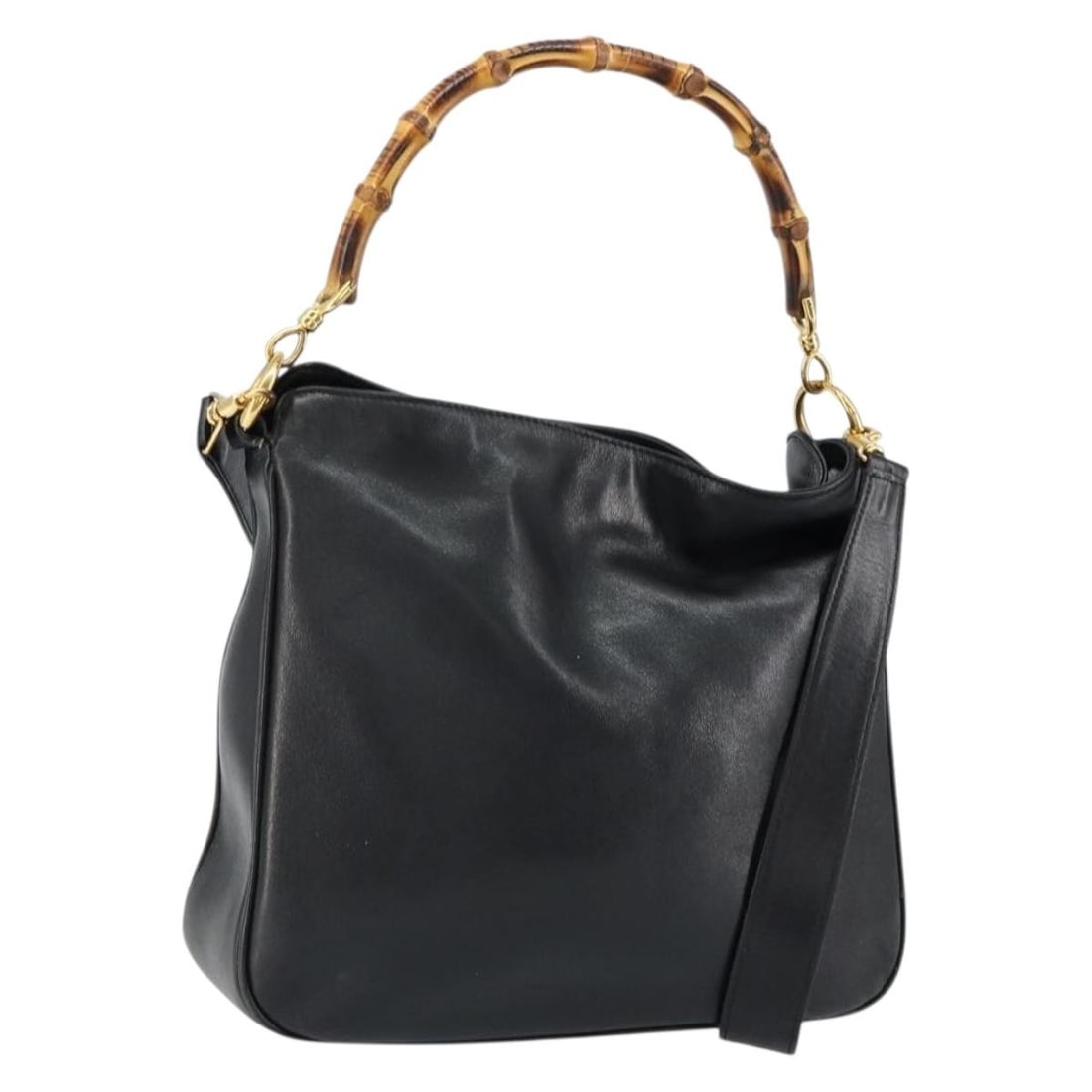 GUCCI Bamboo Leather Shoulder Bag Black Gold 001 0166 1638 Auth Italy: GUCCI Bamboo Leather Shoulder Bag Black Gold 001 0166 1638 Auth Italy This elegant GUCCI Bamboo Shoulder Bag is crafted from premium leather in a striking black and gold color scheme. Designed for ver