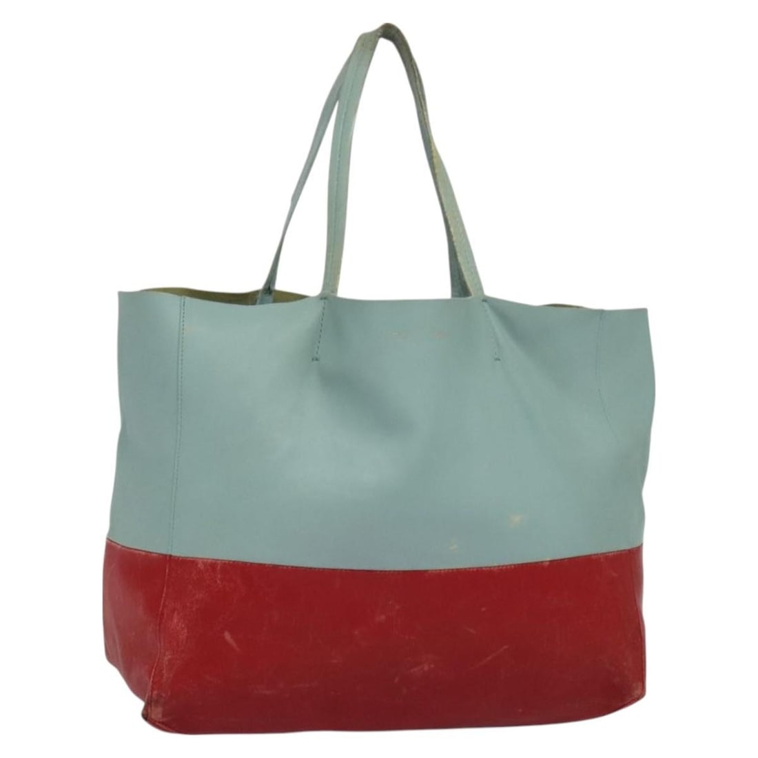CELINE Horizontalkava Leather Tote Bag Red Light Blue Italy: CELINE Horizontalkava Leather Tote Bag Red Light Blue Italy This authentic CELINE Horizontalkava Tote Bag is a stylish accessory crafted from high-quality leather. It features a striking combination o