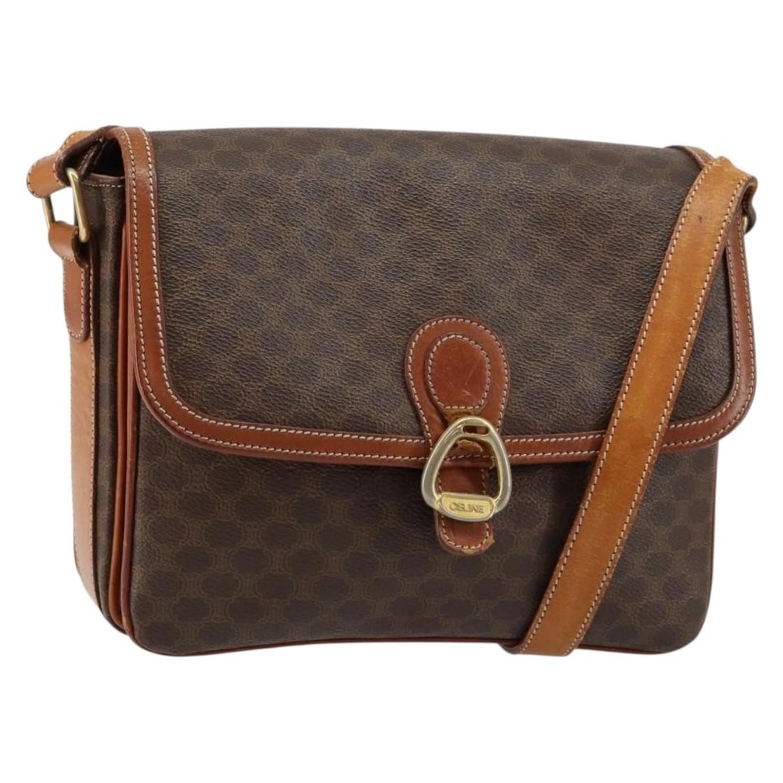 Celine Macadam Canvas Shoulder Bag Brown Gold PVC Leather Italy: Celine Macadam Canvas Shoulder Bag Brown Gold PVC Leather Italy This CELINE Macadam Canvas Shoulder Bag is a stylish accessory crafted in Italy, featuring a combination of PVC leather and Macadam canv