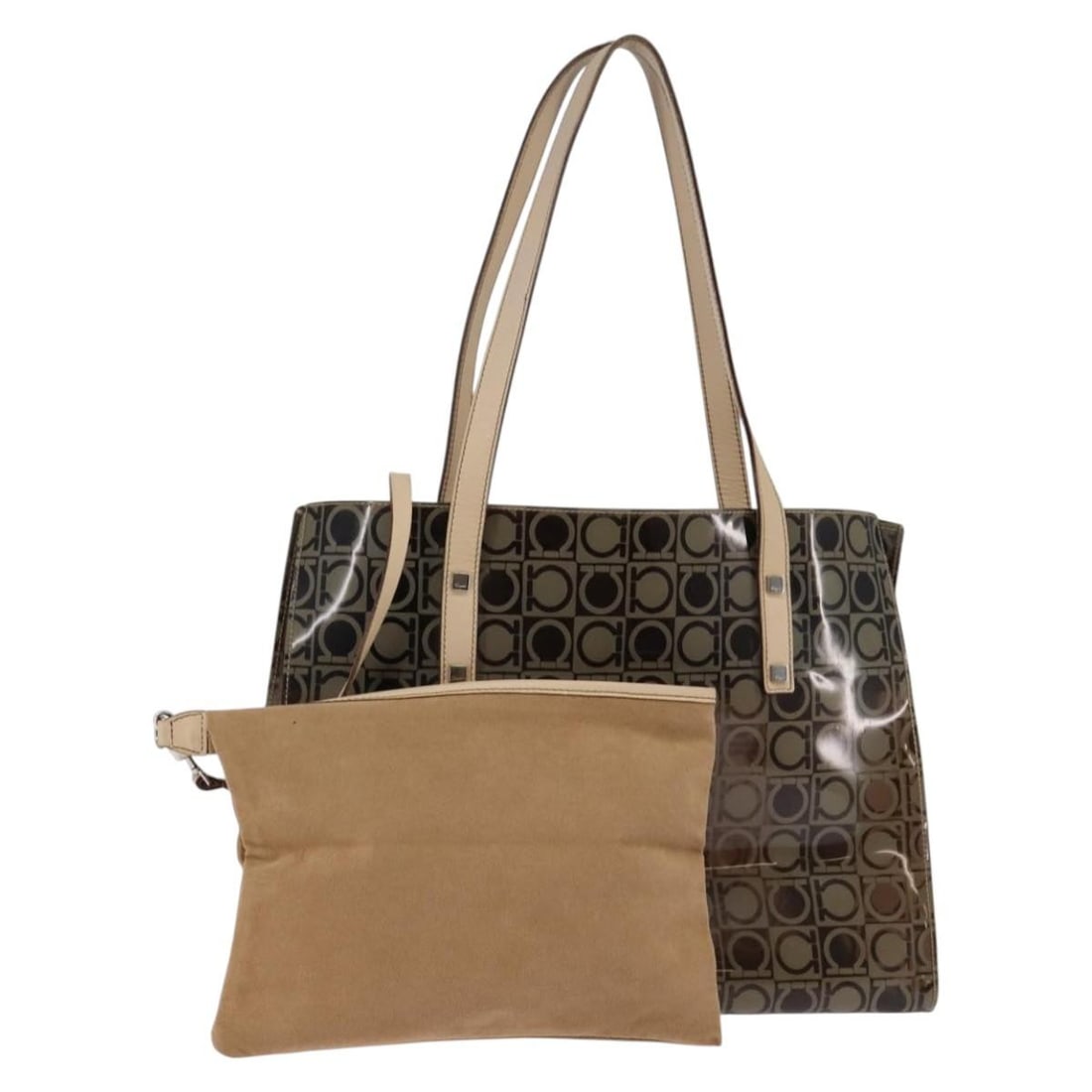 Salvatore Ferragamo Gancini Brown Silver Vinyl Tote Bag Authenticated: Salvatore Ferragamo Gancini Brown Silver Vinyl Tote Bag Authenticated This elegant Salvatore Ferragamo Gancini Shoulder Bag is crafted from durable vinyl in a sophisticated brown and silver color pale