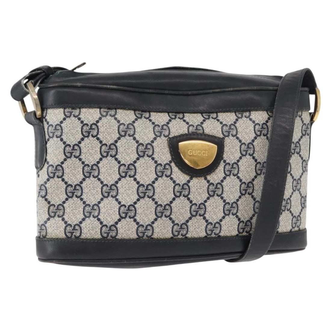 GUCCI GG Supreme Navy Gold Shoulder Bag PVC Leather Auth 152361: GUCCI GG Supreme Navy Gold Shoulder Bag PVC Leather Auth 152361 This GUCCI GG Supreme Shoulder Bag is a stylish accessory crafted from durable PVC leather with a striking navy and gold color scheme. D