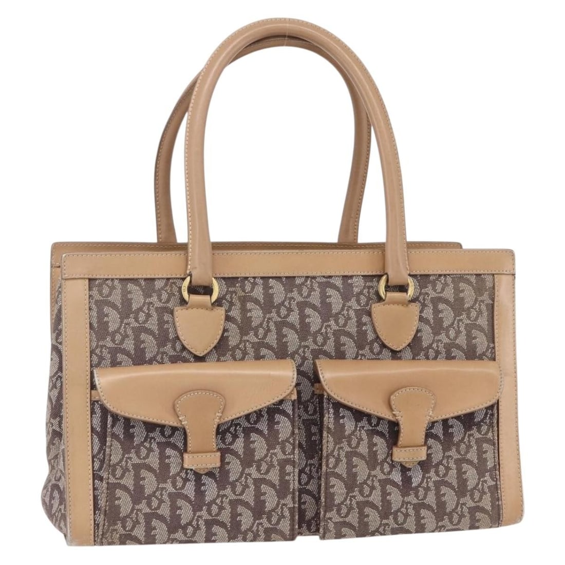 Christian Dior Brown Gold Trotter Canvas Hand Bag with Auth Card: Christian Dior Brown Gold Trotter Canvas Hand Bag with Auth Card This Christian Dior Trotter Canvas Hand Bag is a stylish accessory crafted in Italy, featuring a sophisticated brown and gold color sch