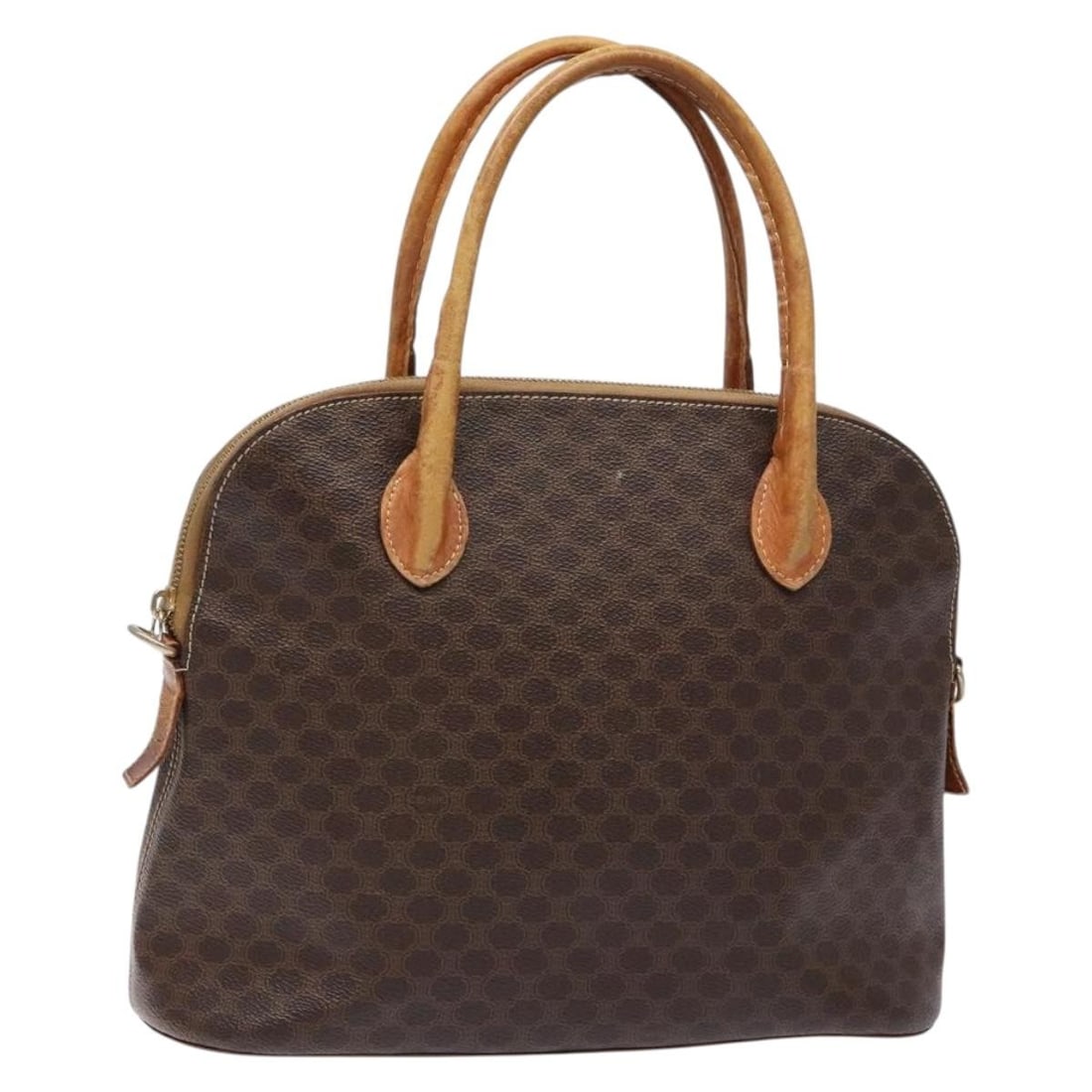 CELINE Brown Gold PVC Leather Macadam Hand Bag Italy Auth gh668: CELINE Brown Gold PVC Leather Macadam Hand Bag Italy Auth gh668 This CELINE Macadam Canvas Hand Bag combines elegance and functionality with its stylish brown and gold color scheme. Crafted from durab