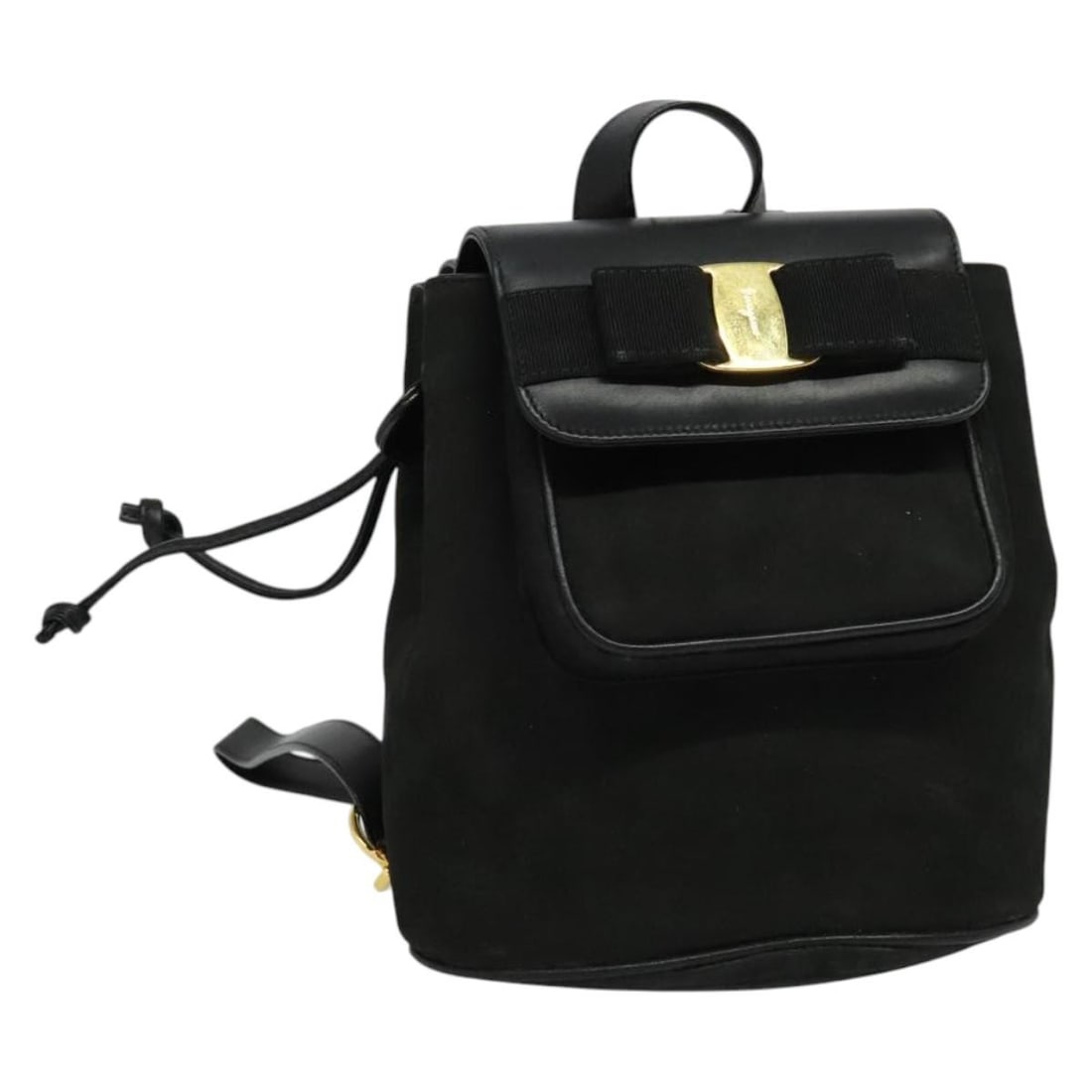 Salvatore Ferragamo Vala Vala Black Suede Backpack Gold Accents Auth 133755: Salvatore Ferragamo Vala Vala Black Suede Backpack Gold Accents Auth 133755 This Salvatore Ferragamo Vala Vala Backpack combines luxurious suede with a striking black and gold color palette. Crafted i