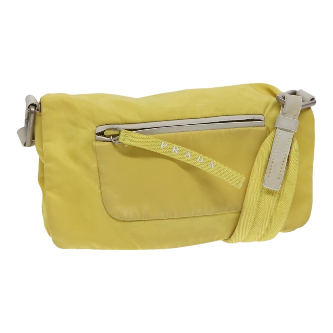 PRADA Yellow Silver Nylon Shoulder Bag Auth Italy 88093: PRADA Yellow Silver Nylon Shoulder Bag Auth Italy 88093 This PRADA shoulder bag is crafted from durable nylon in a vibrant yellow and silver color scheme, making it a stylish accessory for any occasio