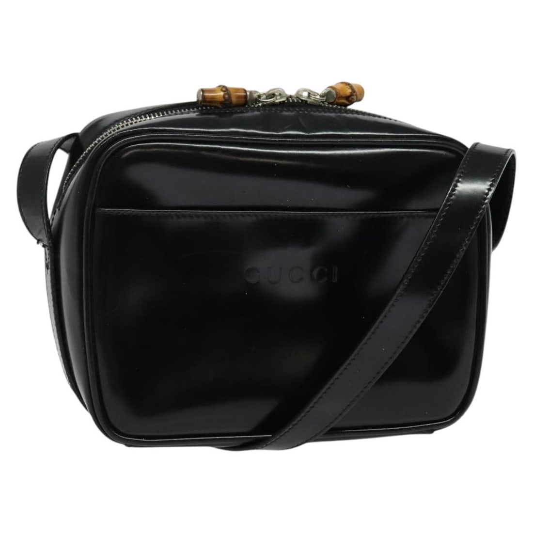 GUCCI Black Silver Patent Leather Shoulder Bag Made in Italy: GUCCI Black Silver Patent Leather Shoulder Bag Made in Italy This authentic GUCCI shoulder bag is crafted in Italy from high-quality patent leather, featuring a sleek black and silver exterior that ad