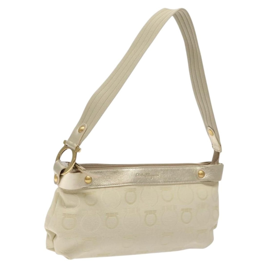 Salvatore Ferragamo Gancini Cream Canvas Shoulder Bag Gold Accents Made in Italy: Salvatore Ferragamo Gancini Cream Canvas Shoulder Bag Gold Accents Made in Italy This Salvatore Ferragamo Gancini Shoulder Bag is an elegant accessory crafted from durable canvas in a sophisticated cr