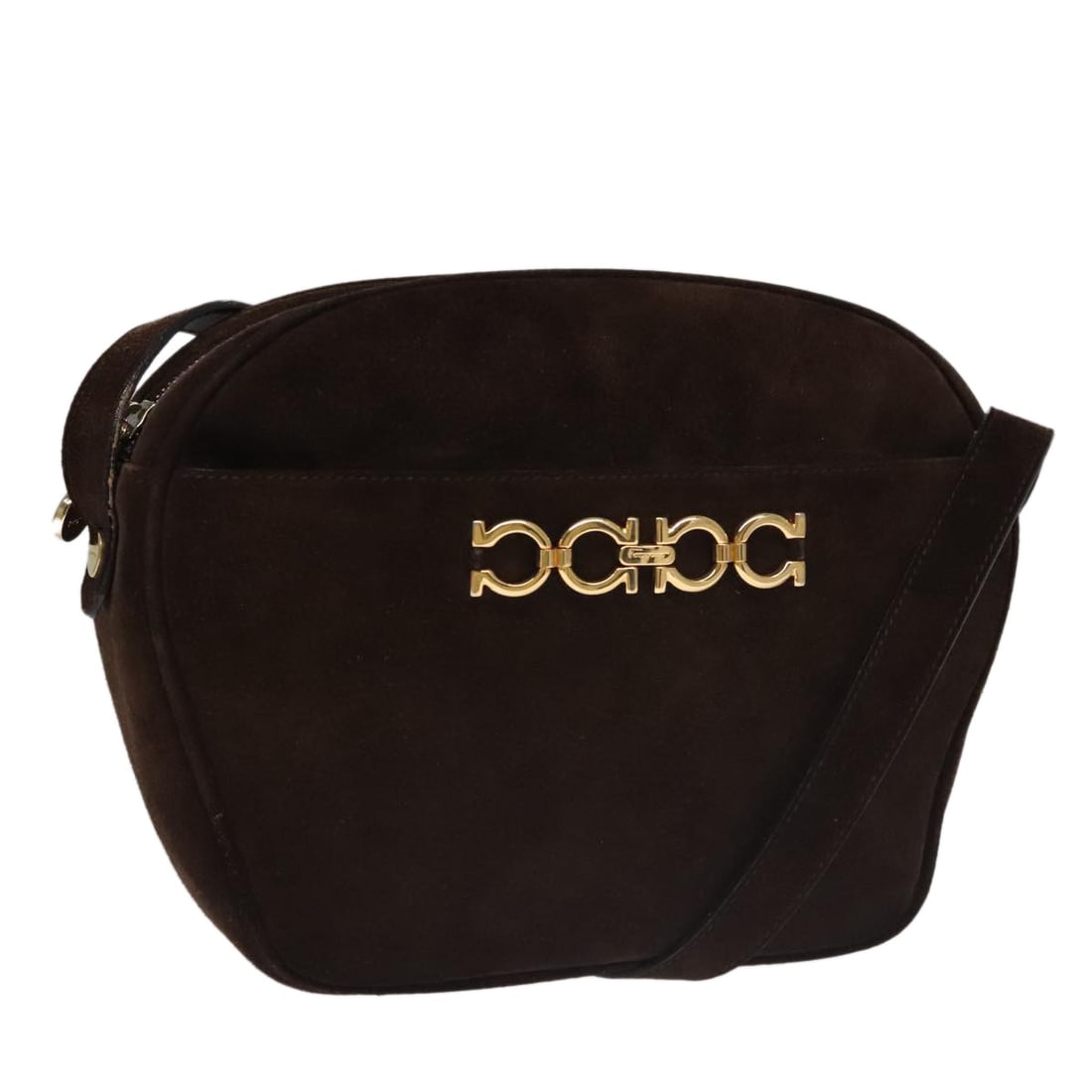 Salvatore Ferragamo Gancini Suede Shoulder Bag Brown Gold Authentic: Salvatore Ferragamo Gancini Suede Shoulder Bag Brown Gold Authentic This authentic Salvatore Ferragamo Gancini Shoulder Bag is crafted from luxurious brown suede with elegant gold accents. Made in Ita