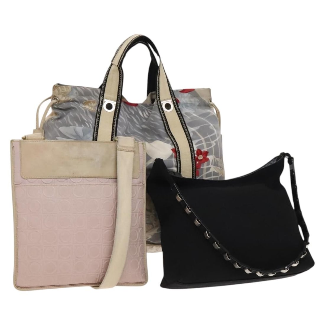 Salvatore Ferragamo Gancini Hand Bag Set 3 Pieces Nylon Black Pink (1 of 18)