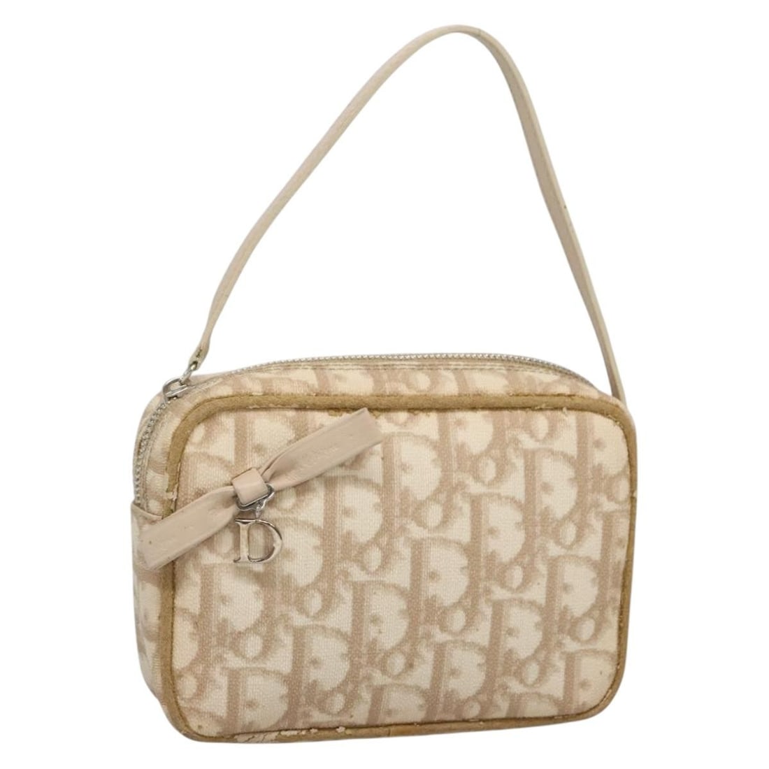Christian Dior Beige Silver PVC Trotter Canvas Pouch Auth 136216: Christian Dior Beige Silver PVC Trotter Canvas Pouch Auth 136216 This Christian Dior Trotter Canvas Romantic Pouch is a stylish accessory crafted from durable PVC leather, featuring a charming beige a