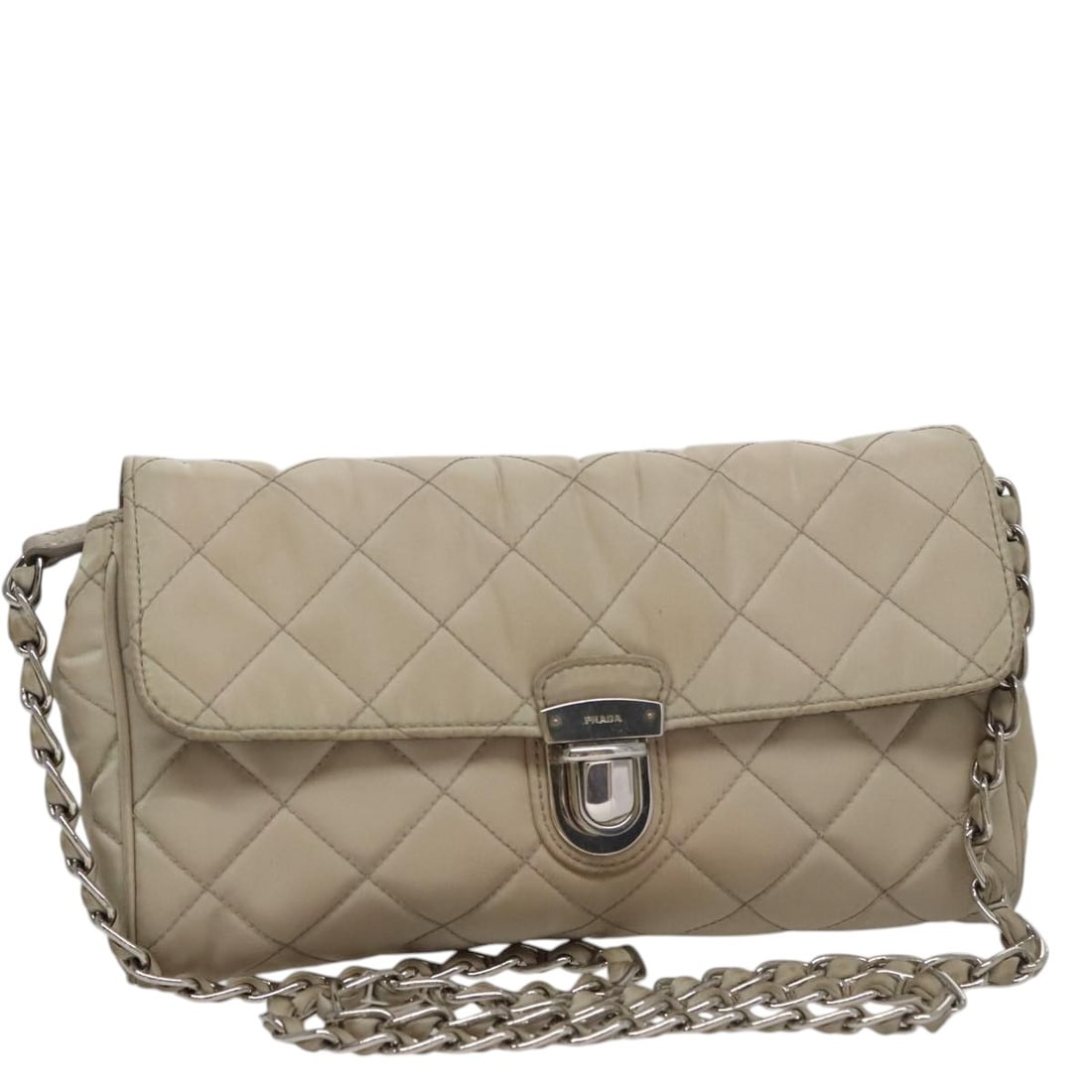 PRADA Beige Silver Quilted Nylon Shoulder Bag with Chain (1 of 18)