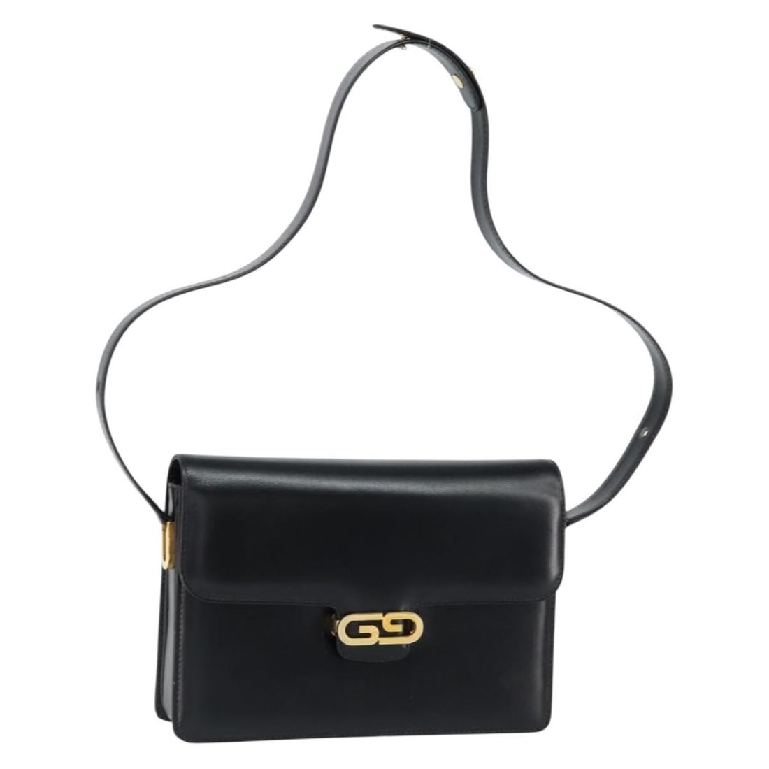 GUCCI Black Leather Shoulder Bag with Gold Accents: GUCCI Black Leather Shoulder Bag with Gold Accents This authentic GUCCI shoulder bag is a stylish accessory crafted from premium leather in a striking black and gold color combination. Originating fro