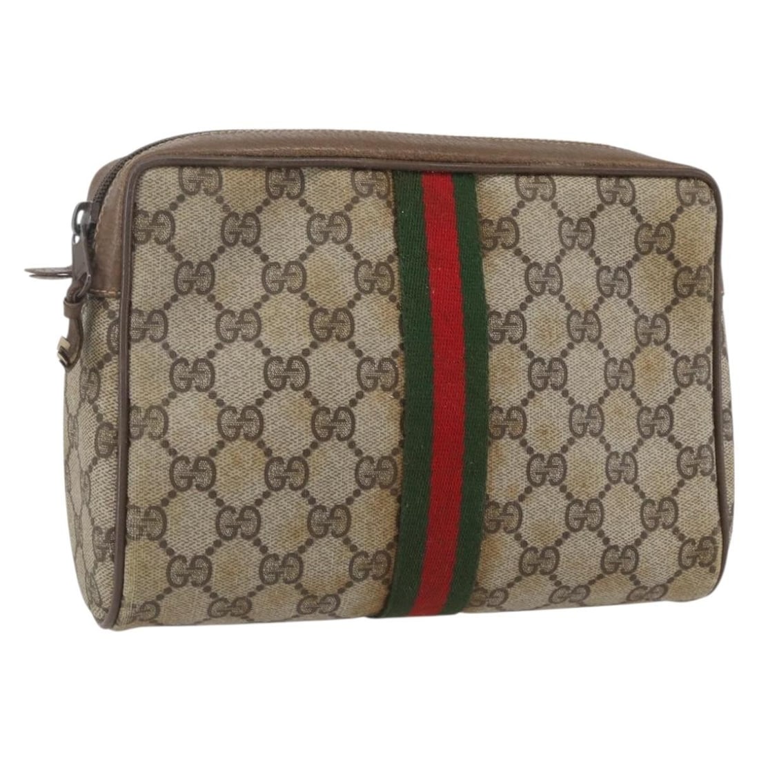 Beige GG Supreme Web Line Clutch 89 01 012 by Gucci: Beige GG Supreme Web Line Clutch 89 01 012 by Gucci This GUCCI GG Supreme Web Sherry Line clutch bag features a beige and gold color scheme crafted from PVC leather and GG canvas. Made in Italy, it pr
