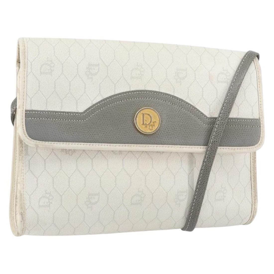 Christian Dior Gold White Honeycomb Canvas Shoulder Bag PVC Auth (1 of 18)