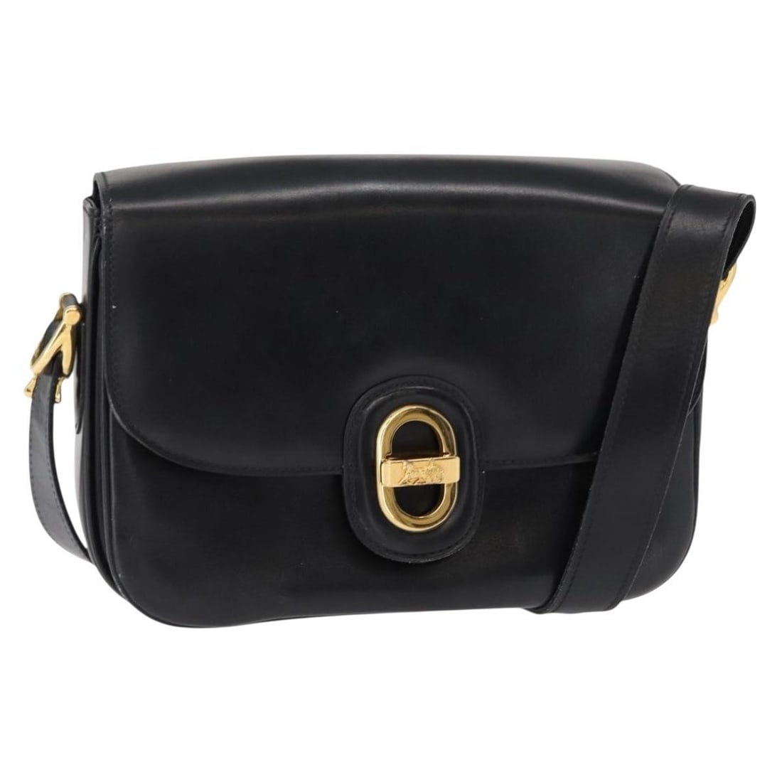 CELINE Black Gold Leather Horse Carriage Shoulder Bag Auth 153833 (1 of 18)
