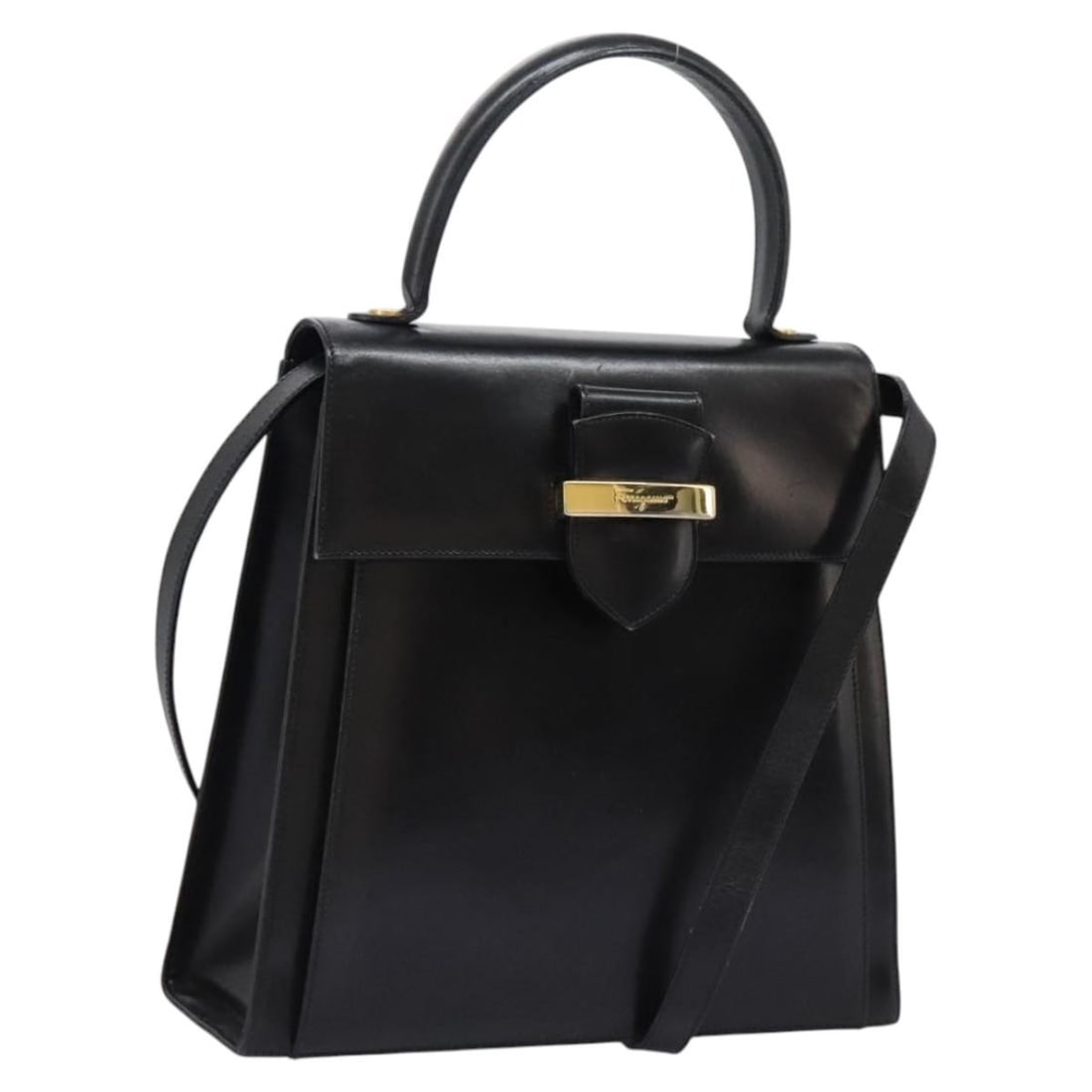 Salvatore Ferragamo Black Gold Leather Hand Bag 2-Way Auth Italy (1 of 18)