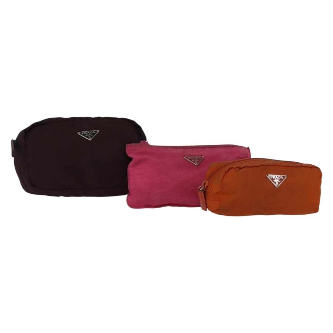 PRADA Nylon Pouch Set 3 Black Pink Orange Authentic 153442: PRADA Nylon Pouch Set 3 Black Pink Orange Authentic 153442 This authentic PRADA pouch set features three vibrant colors: black, pink, and orange. Crafted from durable nylon, this stylish pouch is perf