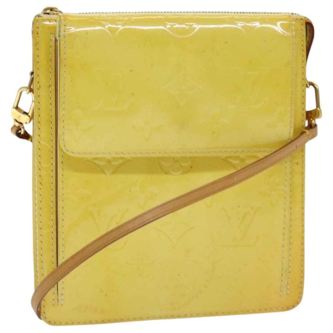 LOUIS VUITTON Monogram Vernis Motto Pouch Lime Yellow M91059 Authentic: LOUIS VUITTON Monogram Vernis Motto Pouch Lime Yellow M91059 Authentic This LOUIS VUITTON Monogram Vernis Motto Pouch features a vibrant lime yellow patent leather exterior, perfect for adding a pop o