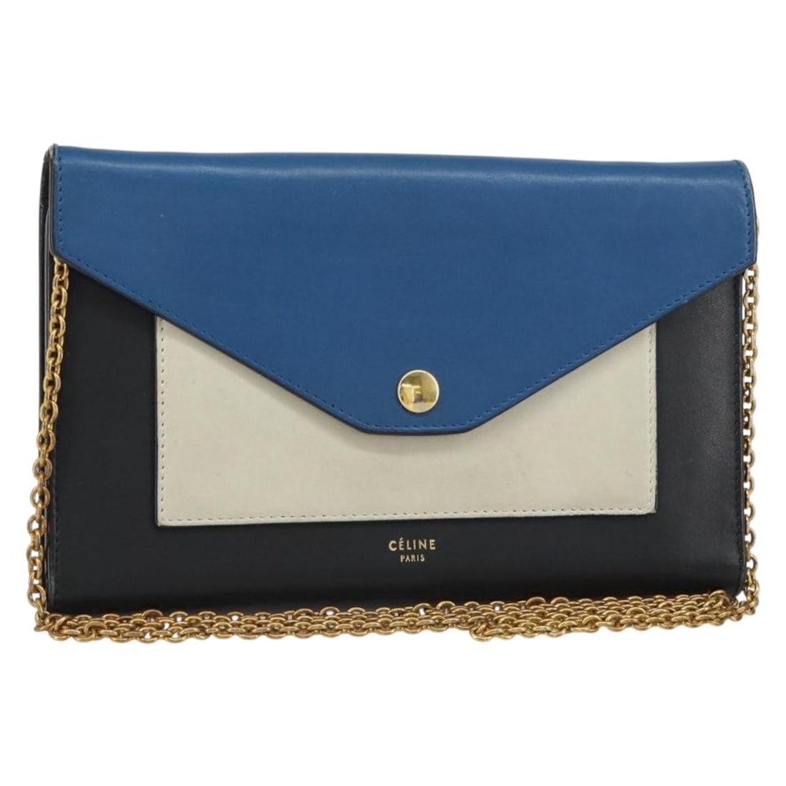 CELINE Auth Multicolor Gold Leather Chain Shoulder Wallet Bag BA8968: CELINE Auth Multicolor Gold Leather Chain Shoulder Wallet Bag BA8968 This authentic CELINE Chain Shoulder Wallet Bag is a stylish accessory crafted from high-quality leather, featuring a vibrant multi
