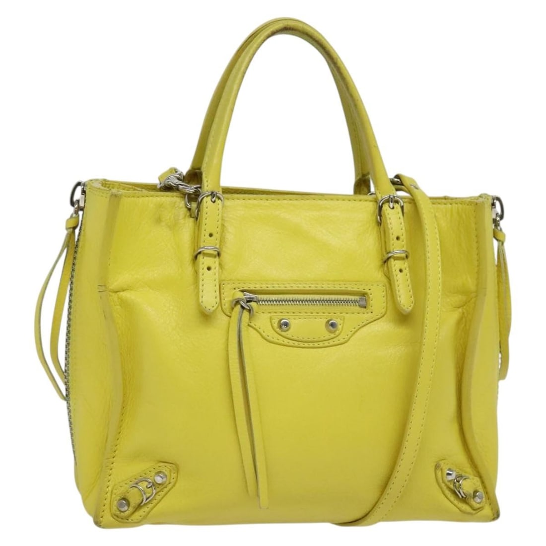 BALENCIAGA 357333 Yellow Silver Leather Mini Hand Bag Authentic: BALENCIAGA 357333 Yellow Silver Leather Mini Hand Bag Authentic Elevate your accessory game with this authentic BALENCIAGA Paper Mini Hand Bag, crafted in Italy from premium leather. Featuring a strik