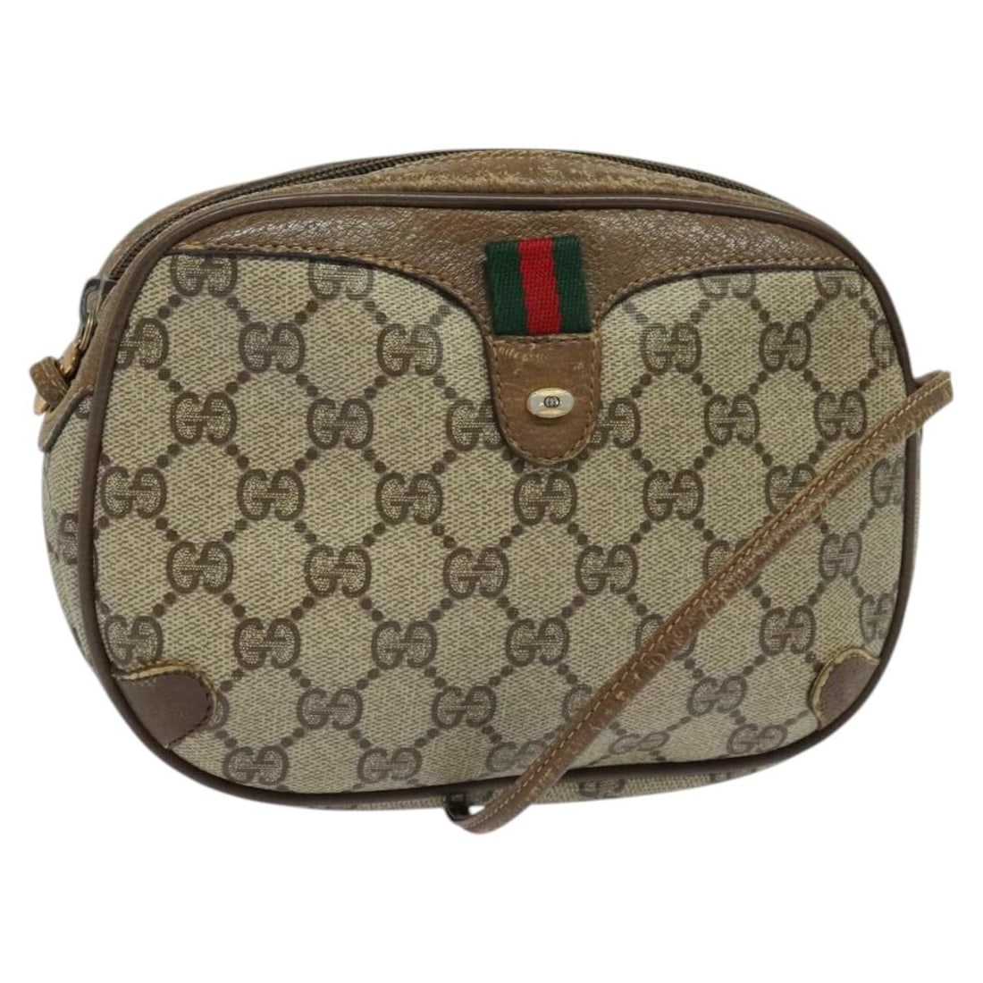 Beige Gold GG Supreme Web Shoulder Bag by Gucci 89 02 066 PVC: Beige Gold GG Supreme Web Shoulder Bag by Gucci 89 02 066 PVC This is a Gucci GG Supreme Web Sherry Line shoulder bag crafted from beige and gold PVC leather and GG canvas. The bag features a shoulder