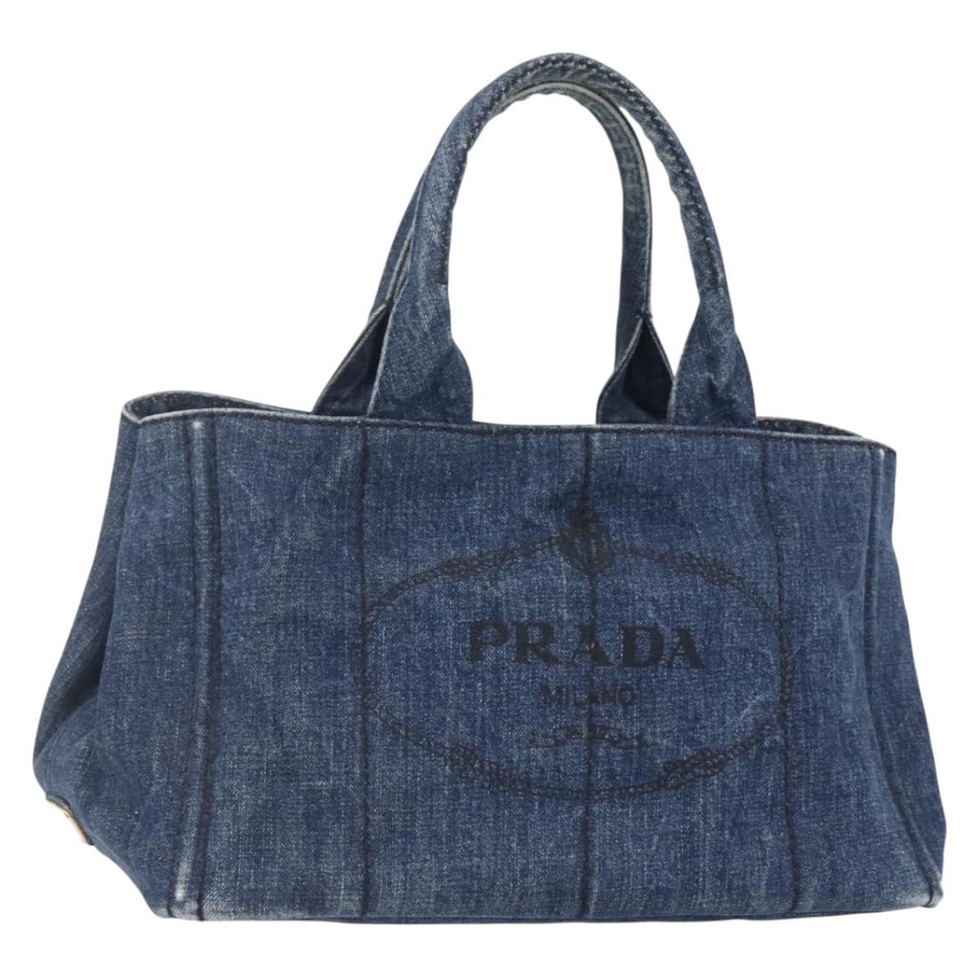 PRADA Canapa MM Denim Blue Gold Hand Bag Auth BA8018: PRADA Canapa MM Denim Blue Gold Hand Bag Auth BA8018 This PRADA Canapa MM Hand Bag combines stylish design with practical functionality. Made from durable canvas, it features a striking denim blue and