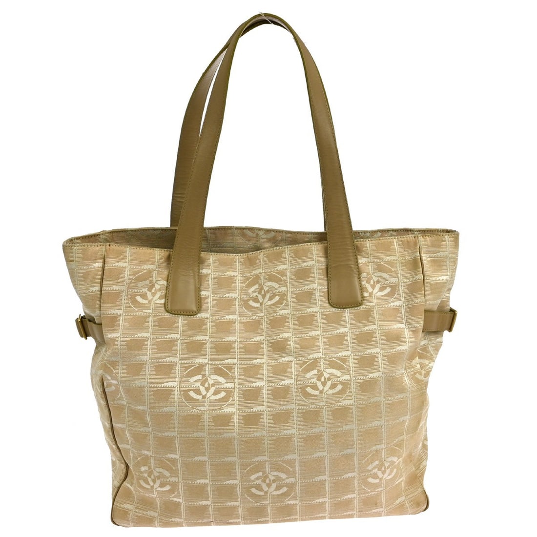 Chanel Beige Jacquard Nylon Travel Line Tote Handbag NQ02311: Chanel Beige Jacquard Nylon Travel Line Tote Handbag NQ02311 This CHANEL Beige Jacquard Nylon Travel Line Tote Handbag is a stylish and functional accessory perfect for casual occasions. The medium-si
