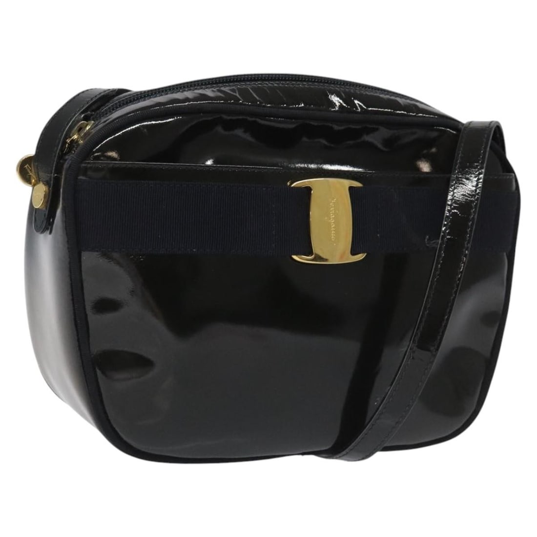 Salvatore Ferragamo Vala Black Gold Patent Leather Shoulder Bag Italy (1 of 18)