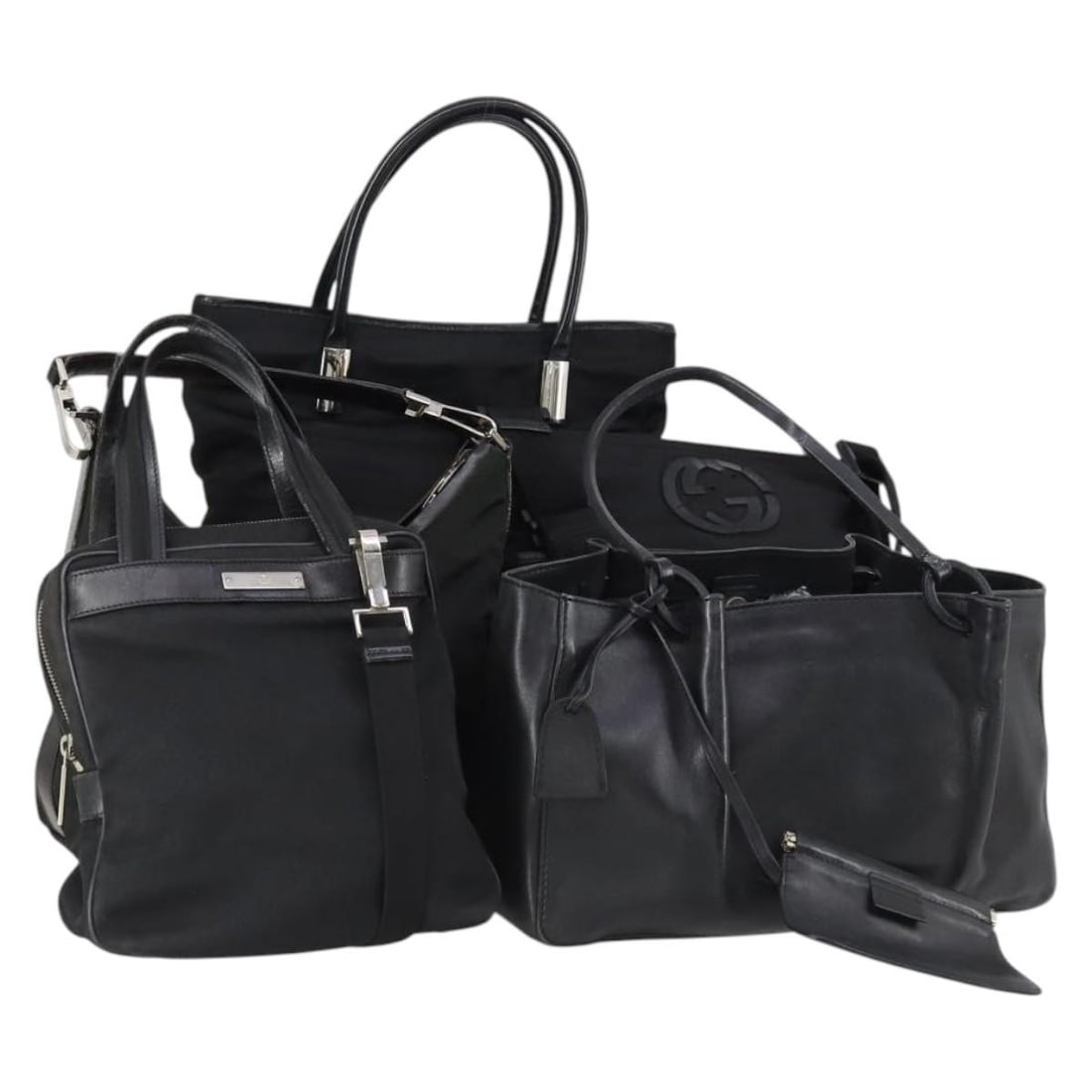 GUCCI Sherry Line Hand Bag Leather Nylon Black Khaki Authentic Set (1 of 18)