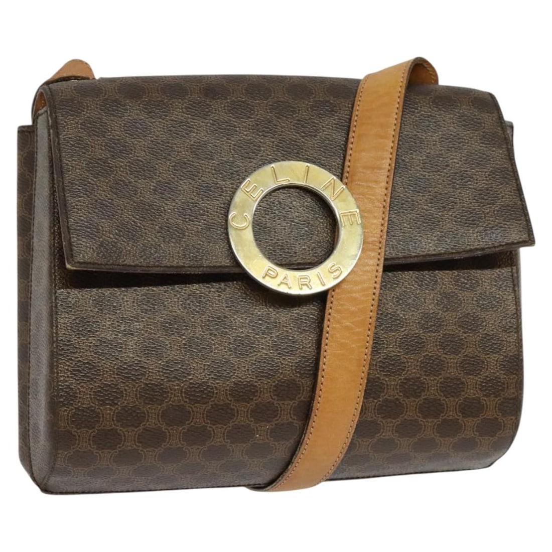 CELINE Macadam Canvas Circle Shoulder Bag Brown Gold PVC Leather Made in Italy: CELINE Macadam Canvas Circle Shoulder Bag Brown Gold PVC Leather Made in Italy This Celine Macadam Canvas Circle Shoulder Bag combines elegance and functionality. Crafted from durable PVC leather, it